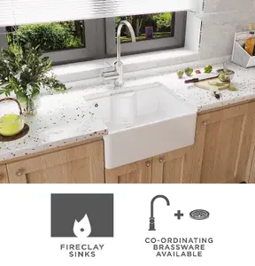 595mm - Single Bowl Fireclay Butler Kitchen Sink - Ledge , Overflow & Waste