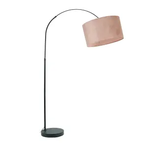 ValueLights Louis Black Arched Curved Floor Lamp with Blush Pink Velvet Drum Lamp Shade and LED Bulb