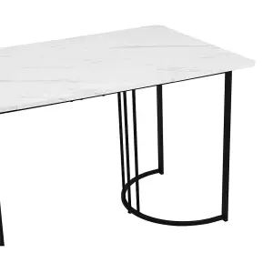 Metal Frame Rectangular Dining Table in Modern Marble Pattern Kitchen Table with Adjustable Feet, White/Black