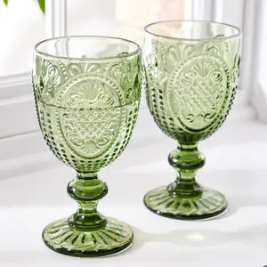 Set of 12 Vintage Luxury Green Embossed Drinking Goblet Wine Glasses 310ml