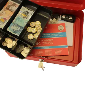 Lockable 12" Steel Cash Box - Money Organiser Safe with Note & Coin Tray, Cylinder Lock & Carry Handle - H9 x W30 x D24cm, Red