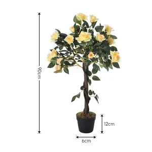 Yellow Artificial Plant Realistic Rose Flower Tree Fake Plant House Plant in Black Pot H 90 cm