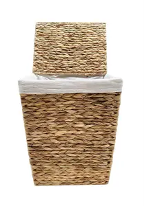 Water Hyacinth Rectangle Laundry Basket Lidded With Cotton Lining Toy Storage Medium 37 x 28 x 48 cm