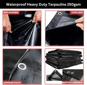 Heavy Duty Waterproof Tarpaulin Black Tarp for Outdoor Protection Durable Groundsheet Tent Shield Trailer Trampoline Cover 8m x10m