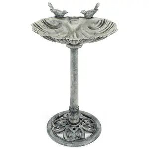 Garden Bird Bath Clam Shell Birdbath With Rustic Metal Effect Grey H81cm Christow