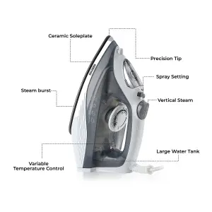 Geepas 1750W Dry & Wet Steam Iron Temperature Control, Non-Stick Soleplate, Black