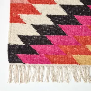 Homescapes Jakarta Handwoven Pink, Orange and Yellow Multi Coloured Geometric Pattern KIlim Wool Rug, 66 x 200 cm