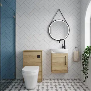 Power Cloakroom Bundle - Left Wall Hung Vanity Unit, Concealed Cistern WC Unit, Toilet & Tap, 440mm - Oak/Black - Balterley