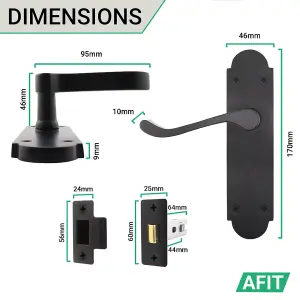 AFIT Matt Black Door Handle Latch Set - Victorian Scroll Shaped - 6 Pairs of Internal Latch Door Handles & Latches 64mm