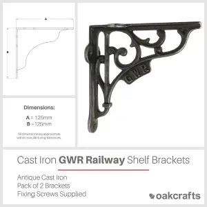 Oakcrafts - Pair of Antique Cast Iron 'GWR' Railway Shelf Brackets - 125mm x 125mm