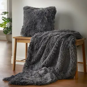 Cuddly Deep Pile Faux Fur Cushion Cover Grey