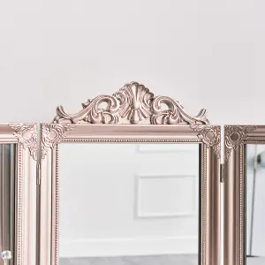 Melody Maison Rose Gold Pink Ornate Dressing Table Triple Mirror 74cm x 56cm