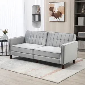 HOMCOM Convertible Sofa Futon Velvet-Touch Tufted Couch Sofa Bed Grey