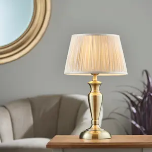 Table Lamp Antique Brass Plate & Oyster Silk 60W E27 Base & Shade e10533