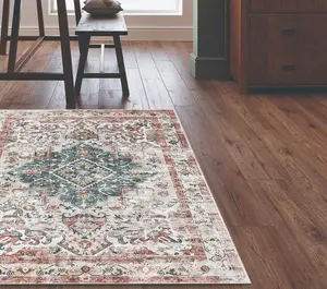 Beige Abstract Bordered Rug For Bedroom, & Living Room, 7mm Thick Stain-Resistant Traditional Rug - 60cm X 180cm