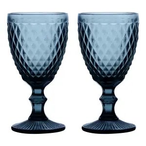 Set of 2 Vintage Luxury Blue Embossed Diamond Drinking Wine Glass Wine Goblets 270ml