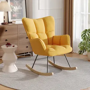 Yellow Linen Effect Rocking Chair Recliner Armchair with Rubber Wood Runner