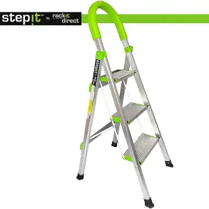 StepIt 3 Step Ladder Portable Folding Aluminium Deep Steps 3 Year Warranty Anti-Slip Soft Grip 150kg Capacity Small Ladder