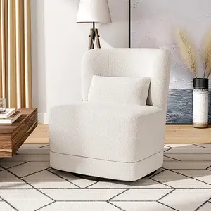 White Upholstered Swivel Barrel Chair with Pillow