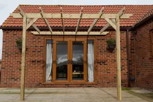 Lean to wooden garden pergola kit - Dinasty design wall mounted gazebo, 1.8m x 3m (Natural finish)