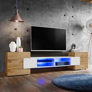 Merano Wide TV Unit with Storage & Led Lighting - White Gloss / Wotan Oak