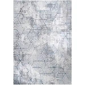 Blue Grey Distressed Abstract Metallic Geometric Living Area Rug 80x150cm