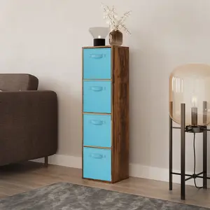 URBNLIVING 106cm Height Rustic Brown 4-Tier Cube Shelving Unit with Sky Blue Inserts