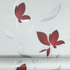 Erismann White Silver Red Floral Metallic Shimmer Glitter Textured Wallpaper