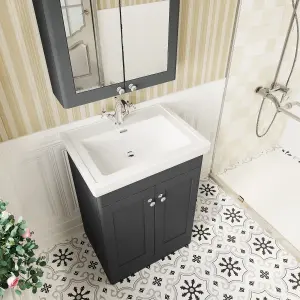 Traditional Floor Standing 2 Door Vanity Unit with 1 Tap Hole Fireclay Basin, 600mm - Soft Black