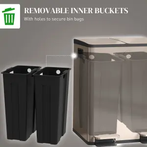 HOMCOM 2 x 20L Dual Kitchen Bin Pedal Bin for Recycling and Waste, Gold Tone