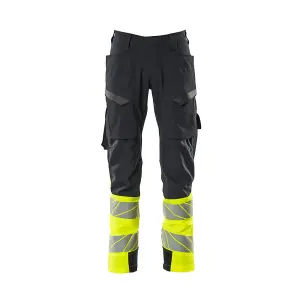 Mascot Accelerate Safe Ultimate Stretch Trousers with Thigh Pockets - Dark Navy/Hi-Vis Yellow  (35.5) (Leg Length - Short)