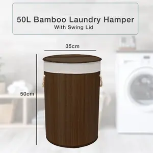 MantraRaj Bamboo Laundry Basket with Handles 50L Folding Bamboo Hamper Basket With Lid (Dark Brown)