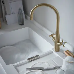 GoodHome Filbert Gold Brass effect Kitchen Twin lever Tap