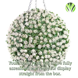 Best Artificial 38cm White Ivory Rose Hanging Flower Topiary Ball - Suitable for Outdoor Use - Weather & Fade Resistant