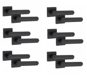 6 Pair Modern Lima Design Matt Black Premium Door Handles Square Rose - Golden Grace