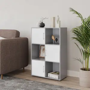 URBNLIVING 91cm Height 6 Cube Bookcase Grey Wood White Door Metal Handle Display Storage Shelf