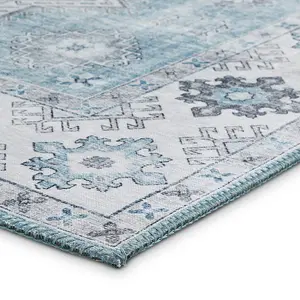 Light Blue Traditional Bordered Geometric Rug for Bedroom & Living Room-120cm X 170cm