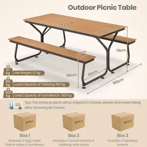 Costway Outdoor Dining Table & 2 Benches Picnic Table Bench Set w/ Umbrella Hole