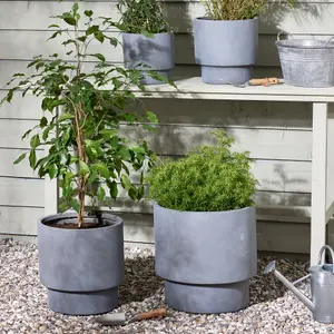 Set of 4 Light Grey Fibre Clay Indoor Outdoor Flower Plant Pot Houseplant Garden Planters