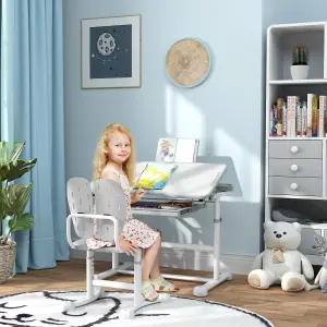 AIYAPLAY Height Adjustable Kids Desk and Chair Set w/ Tilted Desktop - Grey