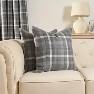 Woven Check Cushion Covers Tartan Pack of 4 Pillow, 45 x 45cm - Charcoal