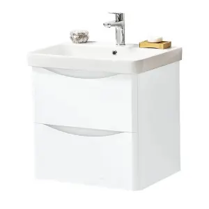 Bathroom Wall Mounted 2-Drawer Vanity Unit with Basin 600mm Wide - Gloss White - (Arch) - Brassware Not Included