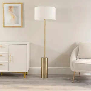 ValueLights Lexy Antique Brass Rotary Dimmer Switch Floor Lamp with White Drum Shade