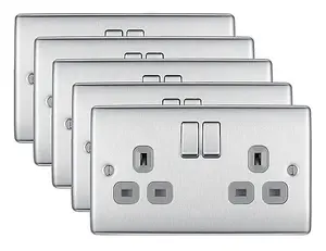 BG Nexus NBS22G 13A Switched Double Plug Socket 2 Gang  Decorative Metal Power Outlet with Brushed Steel Finish - Pack of 5