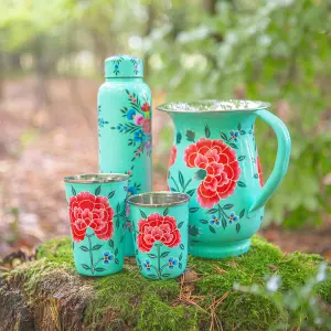 BillyCan Hand-Painted Picnic Water Jug with 400ml Cups - 1.7L - Mint Peony