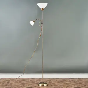 ValueLights Mozz Modern Antique Brass 2 Way Parent & Child Uplighter and Spotlight Design Floor Lamp with 2 x LED Bulbs