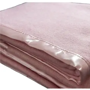 Just So Home Traditional 100% Pure Wool Solid Weave Blanket with Satin Ribbon Trim (Pink, Double)