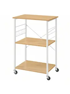 VASAGLE Kitchen Shelf On Wheels, Serving Trolley With 3 Shelves, Microwave Shelf, For Mini Oven, Toaster, With 6 Hooks