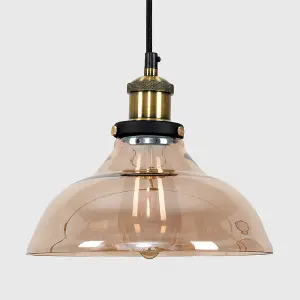 ValueLights Wallace Black and Gold Ceiling Light Pendant with Amber Tinted Clear Glass Shade with LED Filament Bulb In Warm White