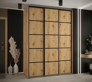 Cannes IV Elegant Oak Artisan Sliding Door Wardrobe 1800mm H2050mm D600mm with Black Steel Handles and Decorative Strips